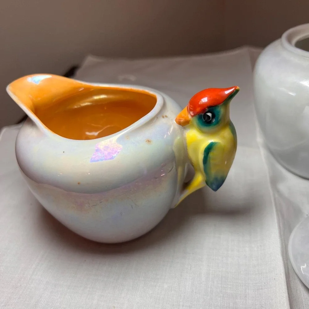 VTG  Lustreware Colorful Bird Cream & Sugar Set Japan Iridescent porcelain china